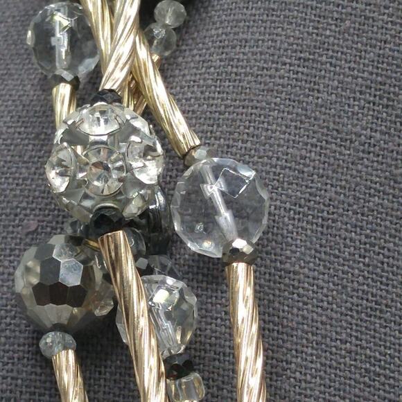 Chico's 5 Strand Beaded Necklace, Gold Swirled Tubes, Clear Silver Crystals, 24" - Picture 5 of 9